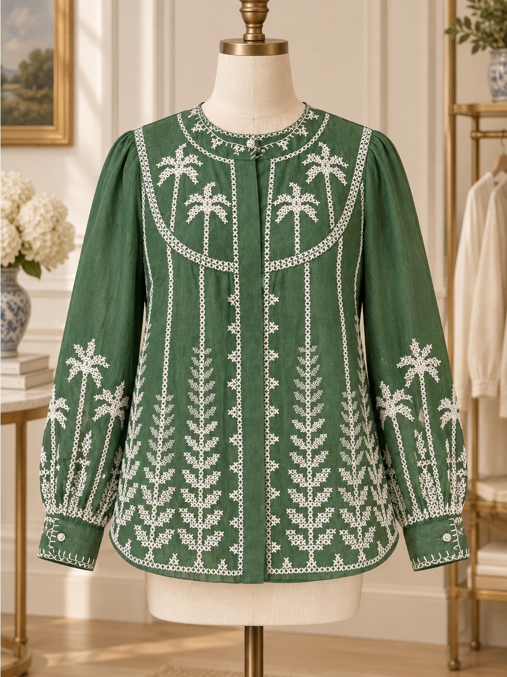 FARM Rio Green Embroidered needlepoint Long-Sleeve Blouse NWT $298